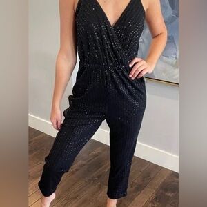 Express Black Crossover Cami Jumpsuit Sequin v-neck spaghetti strap 0